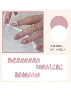 JOSQUEWNN French Tip Press on Nails,Nude Pink Solid Color Wearable Nails with White Bow and Heart,24Pcs,Fake Acrylic Nails With Glue Kit.  - Image 2