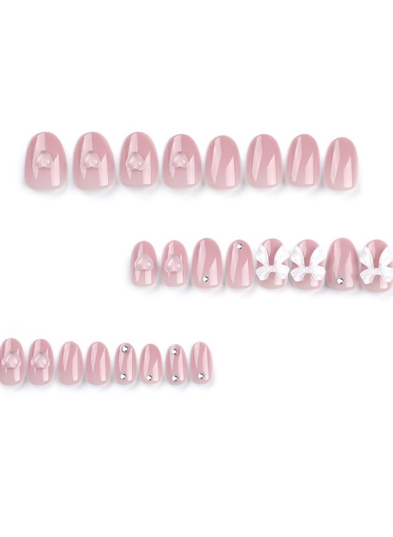 جوسكوين أظافر صناعية فرنسية، أظافر بلون وردي نيود موحد قابلة للارتداء مع فيونكة وقلب أبيض، 24 قطعة، أظافر أكريليك وهمية مع مجموعة أدوات الغراء. - Image 5