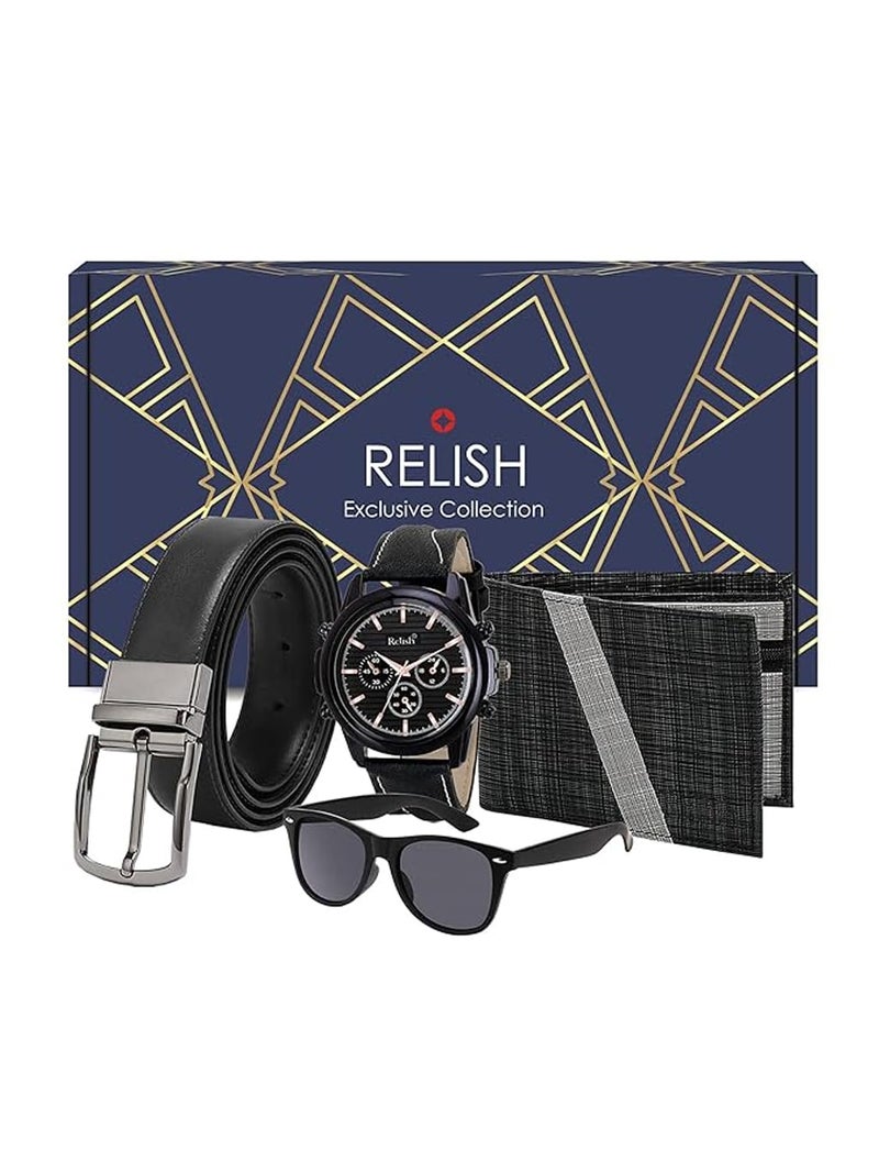 Relish Gift Combo Box of Men's Black Analog Leather Strap Watch, Texture Wallet, Reversible Belt and Sunglasses | Rakhi Gift for Brother - Image 1
