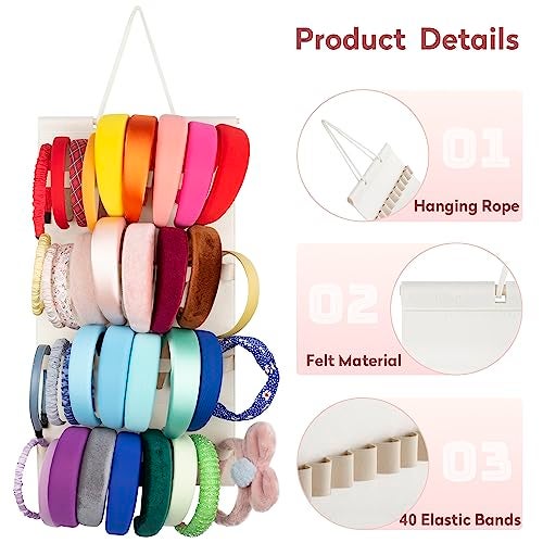 JOYMOMO Hanging Headband Holder For Girls,Felt Headband Organizer Headband Storage Holder Organizer For Headband (Without Headbands) (40 Slots Cream) - Image 2