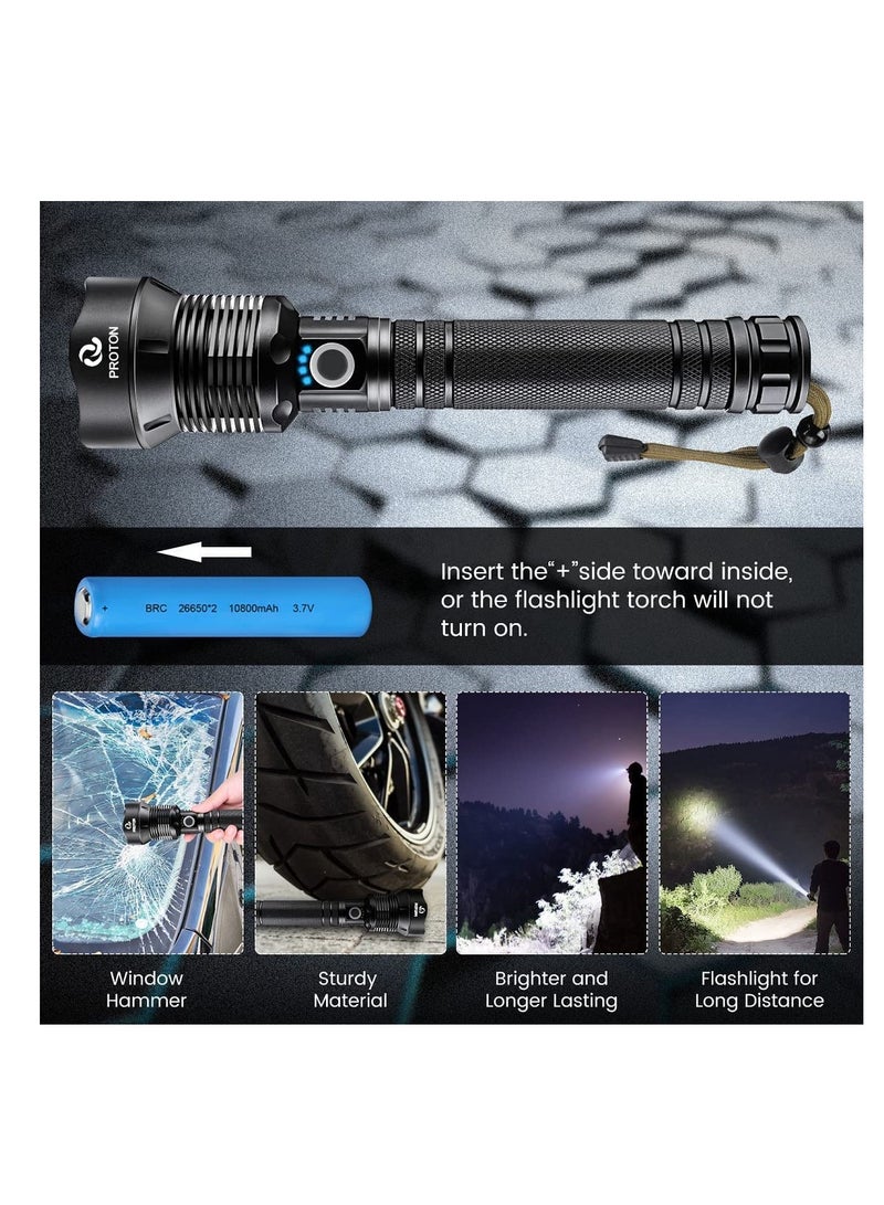 بروتون Super Bright Rechargeable LED Flashlights, 90000 Lumens XHP70.2 Tactical Flashlight, 10000mAh Parallel Battery, Zoomableu0026IPX5 Waterproof - Image 3