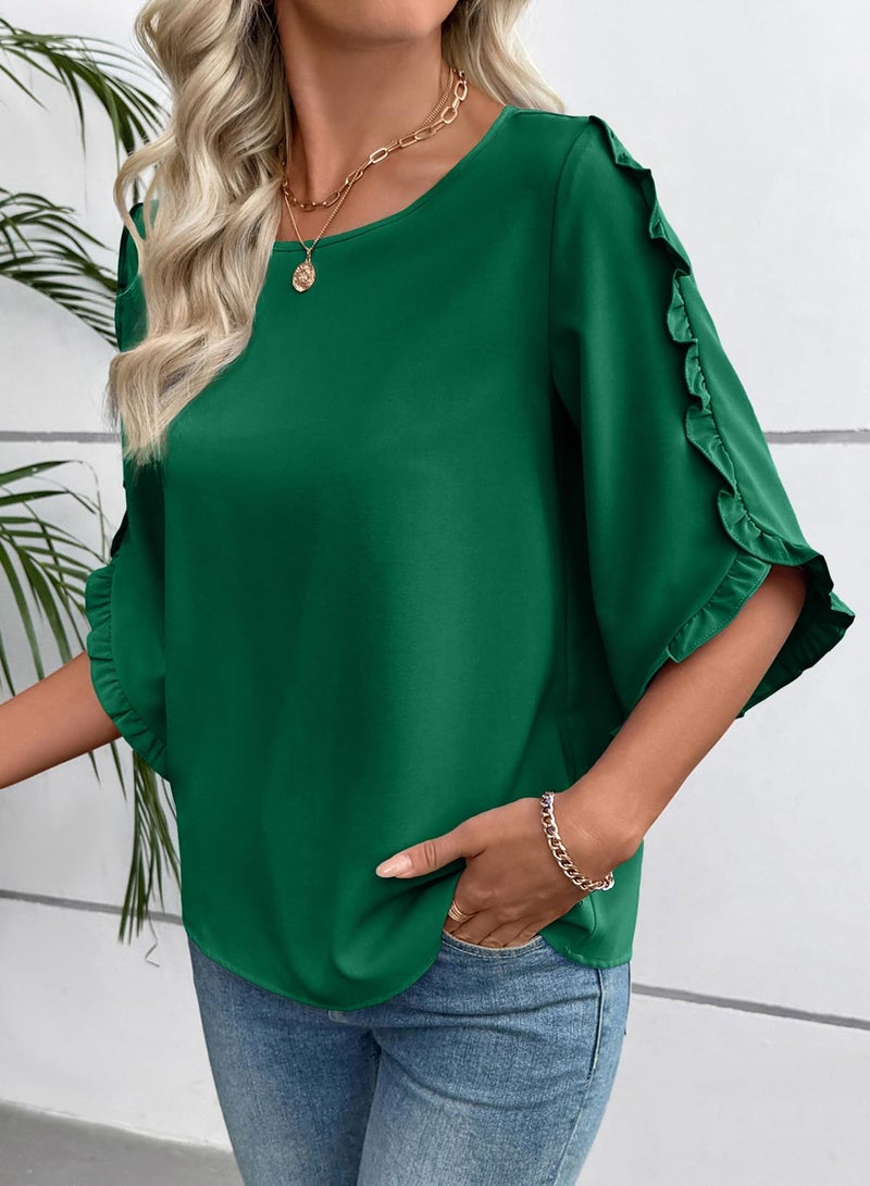 EVALESS 3/4 Length Sleeve Womens Tops Dressy Casual Blouses Cute Crewneck Ruffle Sleeve Shirts Fashion 2026 Spring Summer Outfits Business Work Tops Dark Green Small - Image 3