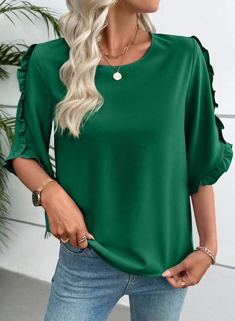 EVALESS 3/4 Length Sleeve Womens Tops Dressy Casual Blouses Cute Crewneck Ruffle Sleeve Shirts Fashion 2026 Spring Summer Outfits Business Work Tops Dark Green Small - Image 4