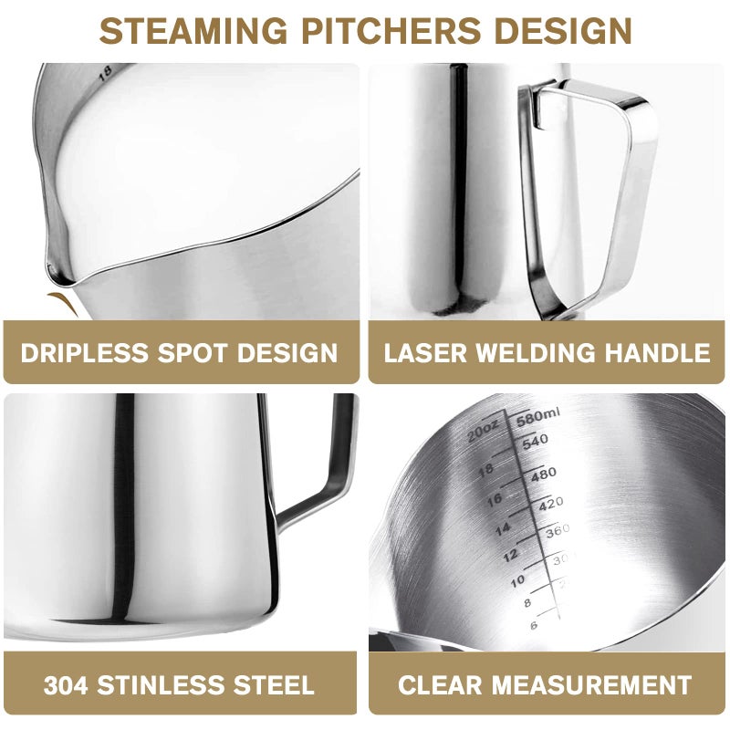 NewGF Milk Frothing Pitchers 20 oz, Stainless Steel Espresso Steaming Pitcher with Decorating Pen Coffee Milk Frother Cup with Scale Cappuccino Latte Art Barista Steam Pitchers Milk Frother Cup - Image 3