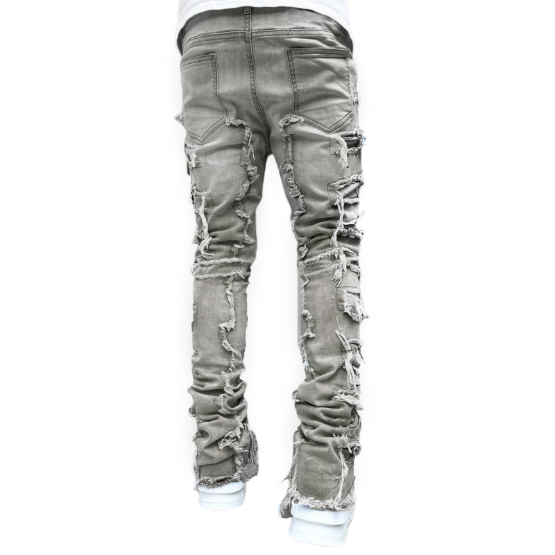 Giraropa Mens Black Stacked Jeans Slim Fit Ripped Jeans Destroyed Straight Denim Pants Harajuku Hip Hop Trouser Streetwear (Gray, L) - Image 4
