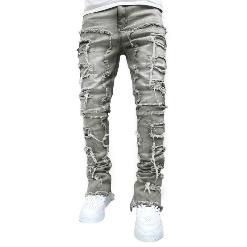Giraropa Mens Black Stacked Jeans Slim Fit Ripped Jeans Destroyed Straight Denim Pants Harajuku Hip Hop Trouser Streetwear (Gray, L) - Image 1