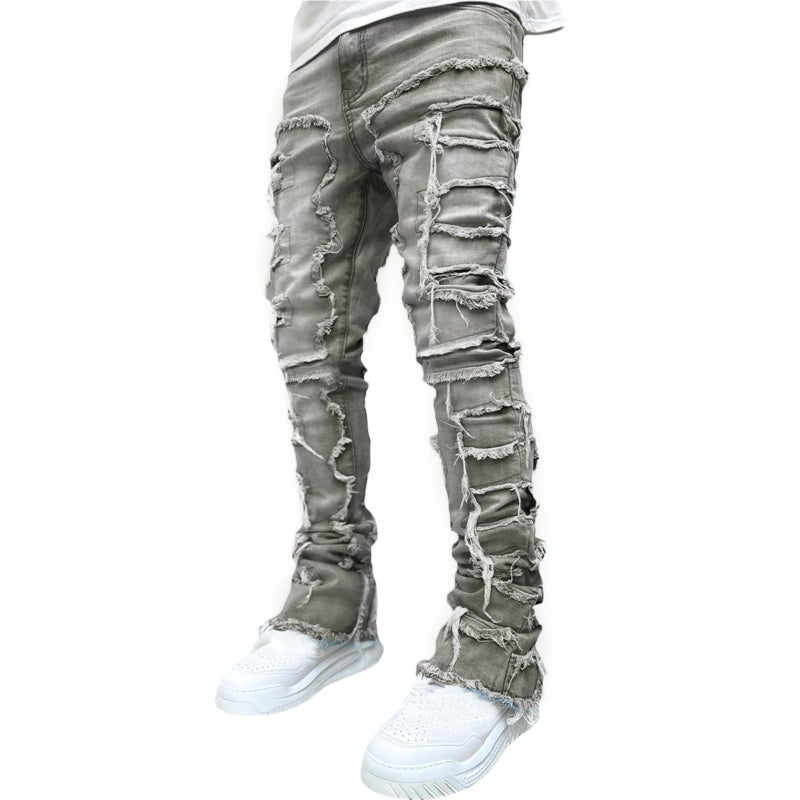 Giraropa Mens Black Stacked Jeans Slim Fit Ripped Jeans Destroyed Straight Denim Pants Harajuku Hip Hop Trouser Streetwear (Gray, L) - Image 2