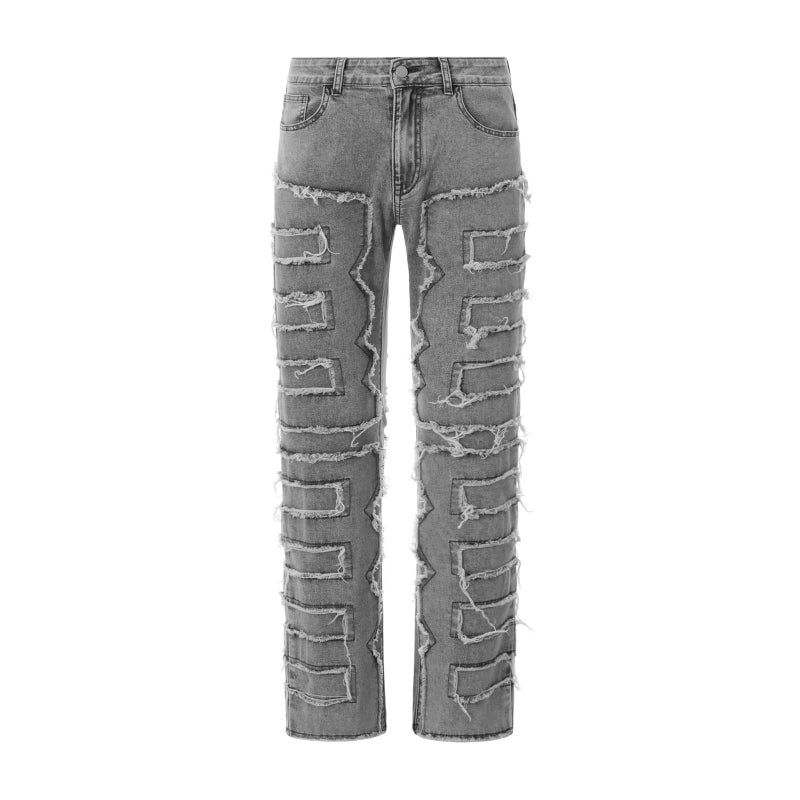 Giraropa Mens Black Stacked Jeans Slim Fit Ripped Jeans Destroyed Straight Denim Pants Harajuku Hip Hop Trouser Streetwear (Gray, L) - Image 5