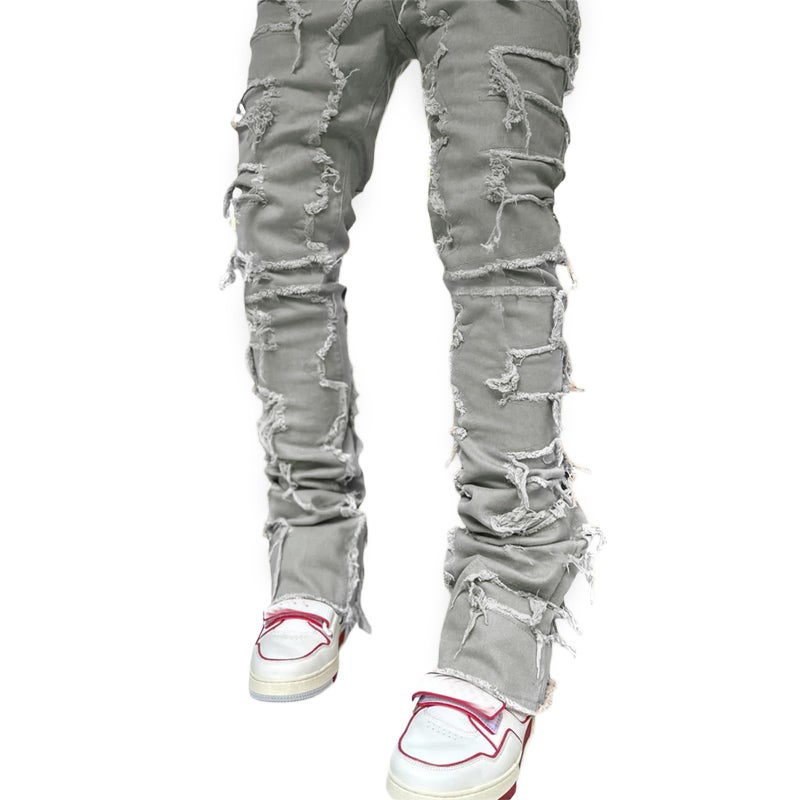 Giraropa Mens Black Stacked Jeans Slim Fit Ripped Jeans Destroyed Straight Denim Pants Harajuku Hip Hop Trouser Streetwear (Gray, L) - Image 3