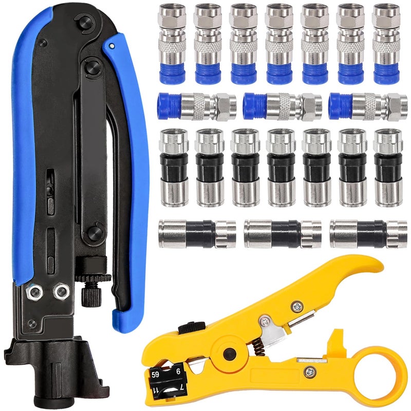 Taiss Coaxial Compression Tool Coax Cable Crimper Kit with 20 PCS F Style RG6 connectorsAdjustable RG6 RG59 RG11 755 757 Coaxial Cable Strippercoaxial cable crimper Tool Kit