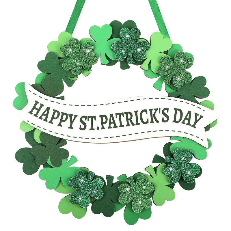 Sophena Wooden St Patricks Day Decoration Shamrock Door Wreath for Front Door Sign Wall Signs Clover Spring Decoration Irish Sign Welcome Hanging for Home Decor Party Outdoor Indoor Supply 3D Glitter - Image 2