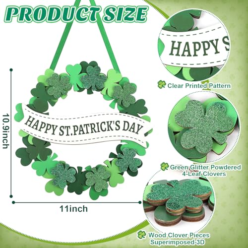 Sophena Wooden St Patricks Day Decoration Shamrock Door Wreath for Front Door Sign Wall Signs Clover Spring Decoration Irish Sign Welcome Hanging for Home Decor Party Outdoor Indoor Supply 3D Glitter - Image 3