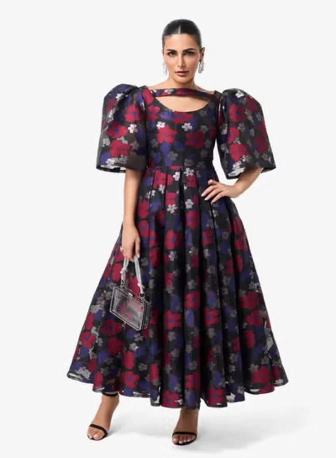 Threadz by Ajooni  Puff Sleeve Printed Maxi Dress for Women | Best Price UAE