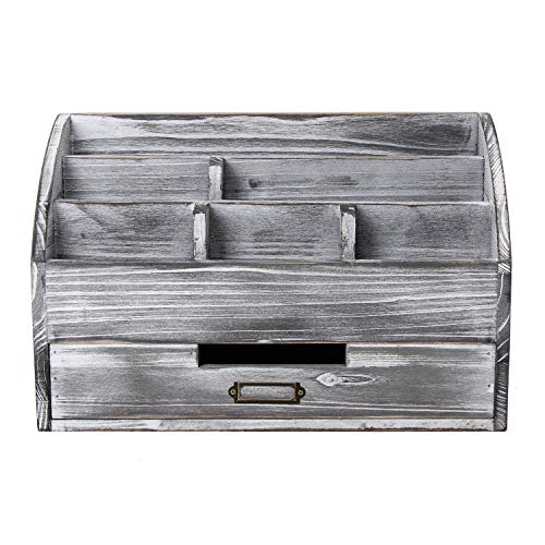 canwedance Distressed Rustic Wooden Office Desk Organizer 5 Compartment with 2 Drawer &Counter Desk Tabletop Desktop Mail Rack, Pens, Notebooks, Folders, Pencils and Office Supplies (grey) - Image 3