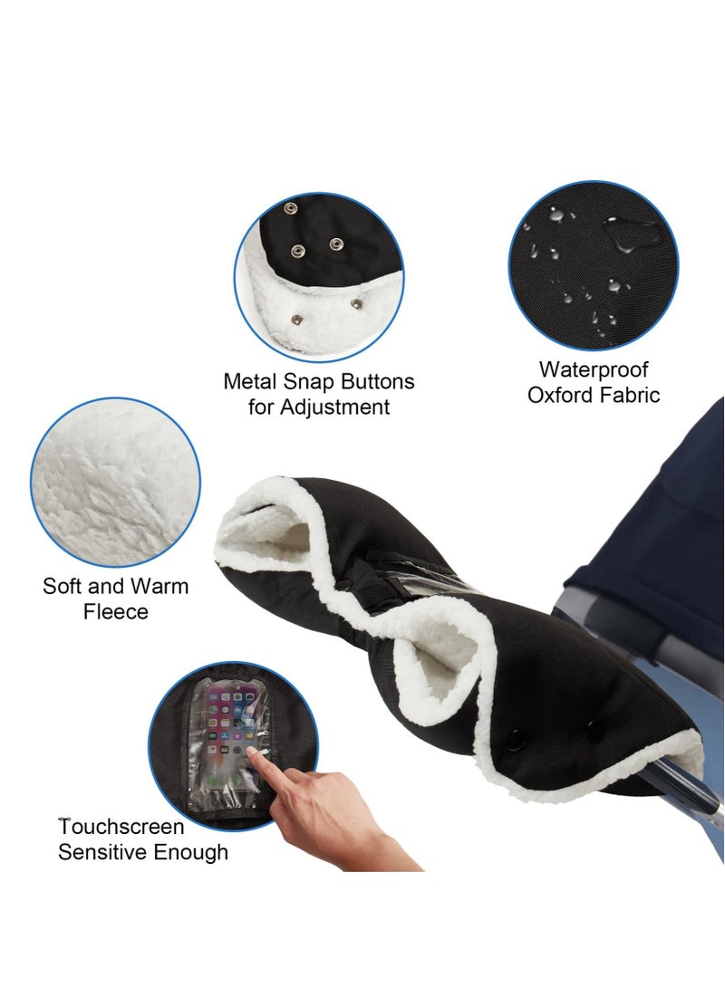 Excefore Stroller Hand Gloves, Baby Stroller Gloves Gloves Thick Antifreeze Mittens Hand Warmer, Universal Warm Winter Gloves Water Repellent Pram Hand Gloveswith Touch Screen Phone Bag For Cold Weather, Black - Image 2