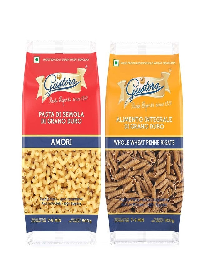 Gustora Healthy Durum Wheat Amori & Whole Wheat Penne Rigate Pasta Combo pack of 2 I Rich In Protein & Fibre I Zero Cholesterol I Vegetarian I No Trans - Fat I Cooking Time 10 Min - (500 Gm X 2) - Image 1