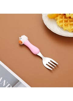 Generic Children's 304 Stainless Steel Portable Tableware Cartoon Spoon Fork Learning And Training Chopsticks Dinosaur Baby Fork Spoon Set-Specifications:Tableware-Color:Trumpet-Powder Handle Unicorn Fork  - Image 1