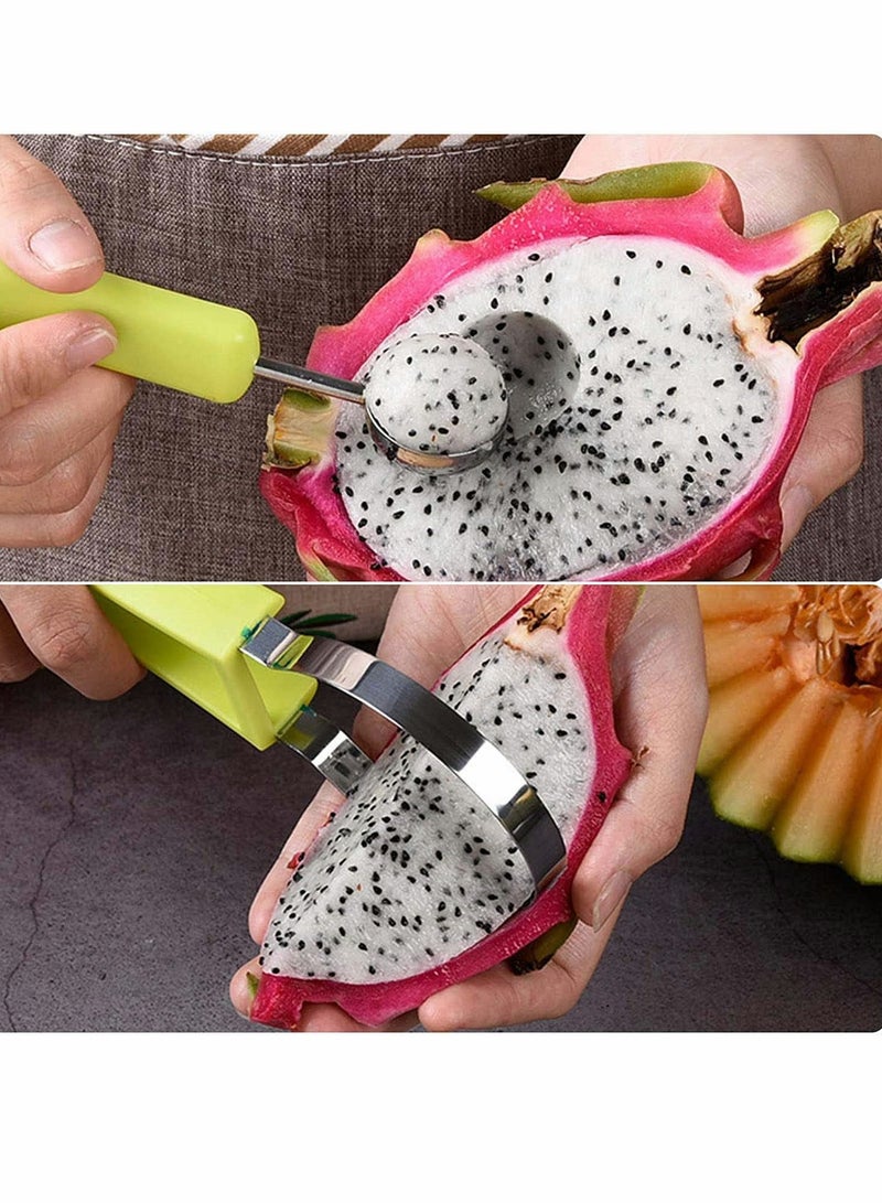 SOLARAE Melon Baller Scoop, 4 In 1 Stainless Steel Watermelon Cutter Fruit Carving Tools Set for Salad Scoop Ice Cream Slicer Dig Pulp Separator Dig Knife and Cookie DIY 1 Blue and 1 Green - Image 3