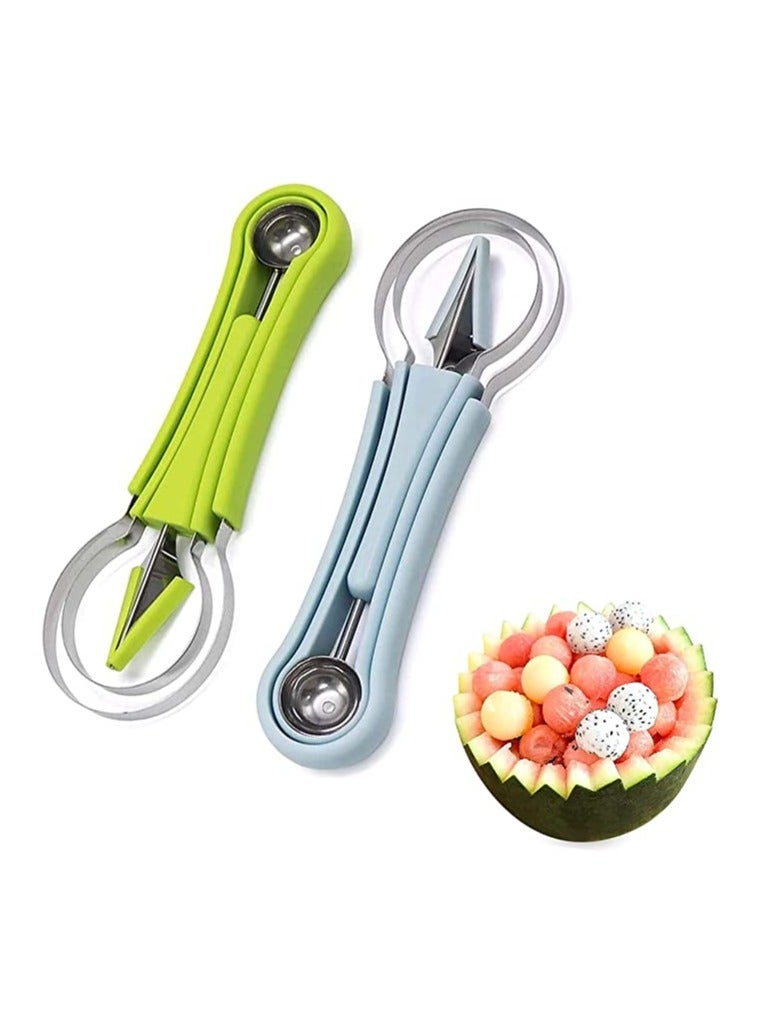 SOLARAE Melon Baller Scoop, 4 In 1 Stainless Steel Watermelon Cutter Fruit Carving Tools Set for Salad Scoop Ice Cream Slicer Dig Pulp Separator Dig Knife and Cookie DIY 1 Blue and 1 Green - Image 1