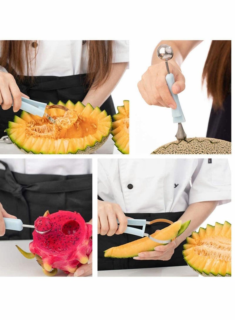 SOLARAE Melon Baller Scoop, 4 In 1 Stainless Steel Watermelon Cutter Fruit Carving Tools Set for Salad Scoop Ice Cream Slicer Dig Pulp Separator Dig Knife and Cookie DIY 1 Blue and 1 Green - Image 2
