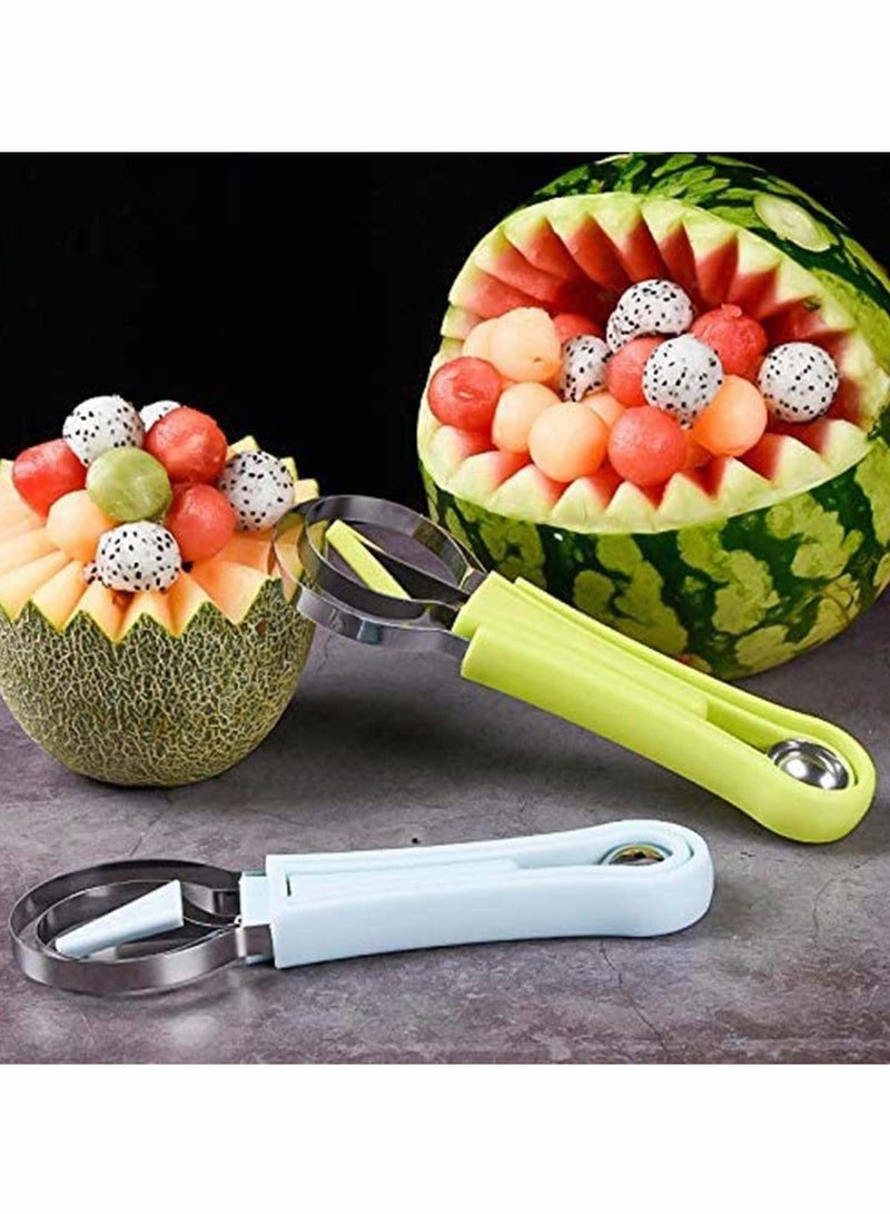SOLARAE Melon Baller Scoop, 4 In 1 Stainless Steel Watermelon Cutter Fruit Carving Tools Set for Salad Scoop Ice Cream Slicer Dig Pulp Separator Dig Knife and Cookie DIY 1 Blue and 1 Green - Image 4