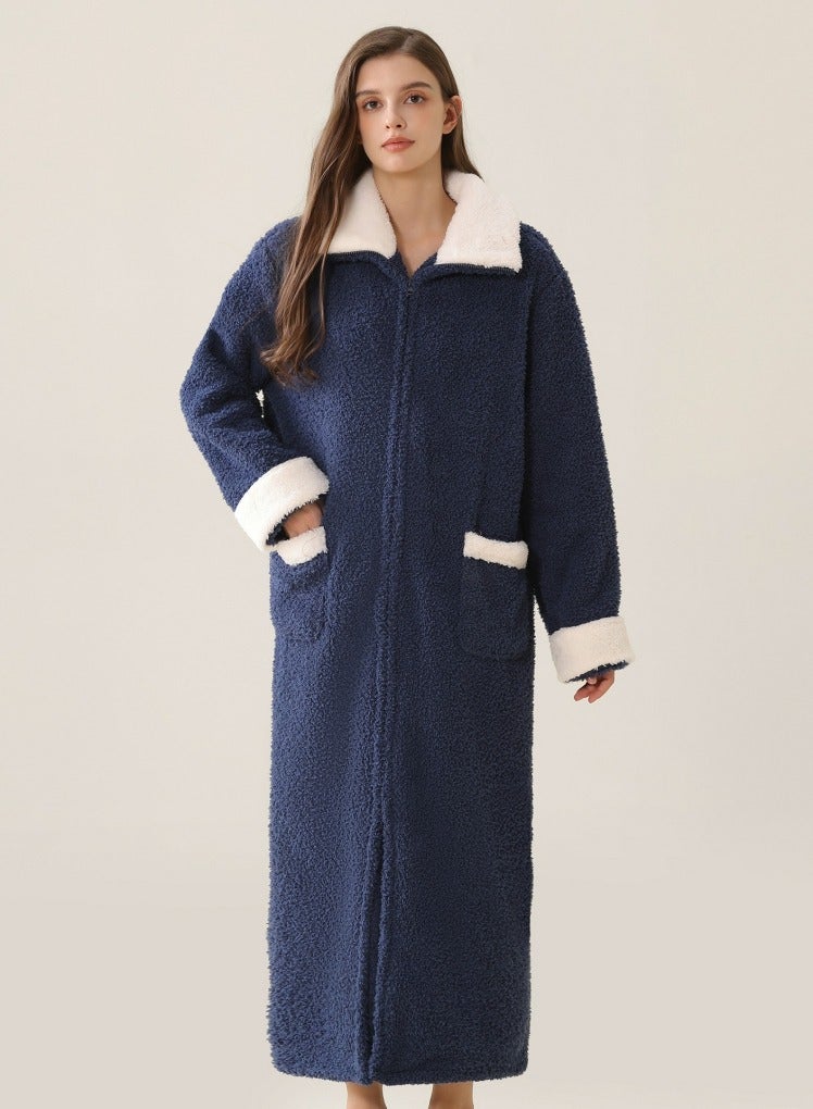 Loquat Unisex Winter Long Thick Zipper Lapel Nightgown Velvet Bathrobe Pajamas Navy Blue - Image 1