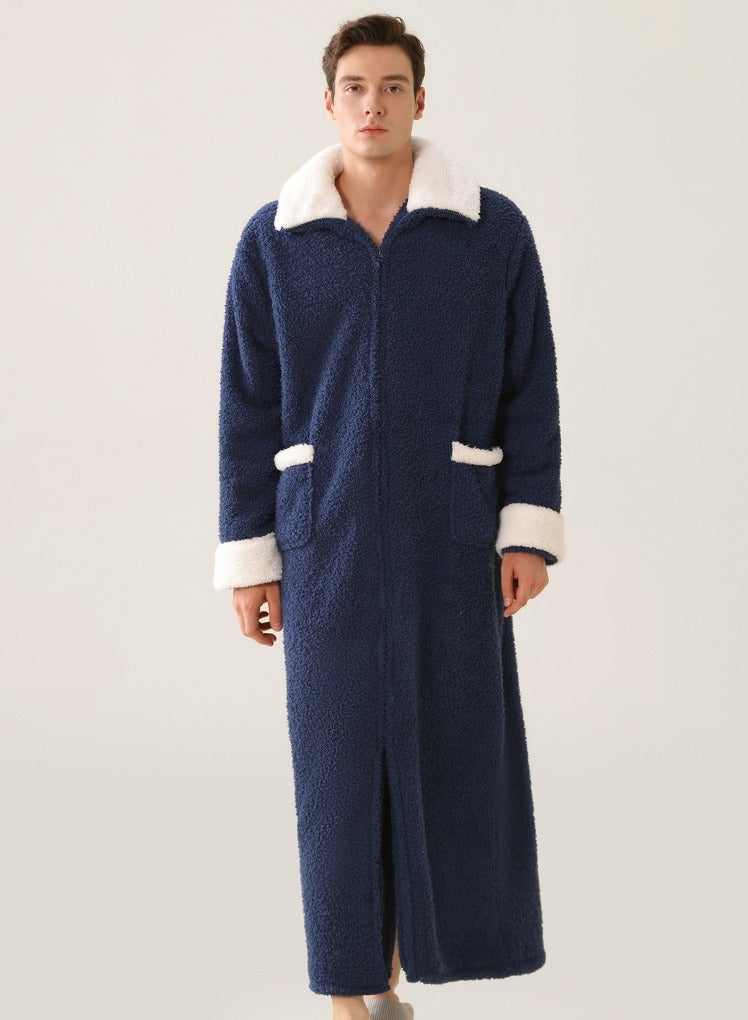 Loquat Unisex Winter Long Thick Zipper Lapel Nightgown Velvet Bathrobe Pajamas Navy Blue - Image 2