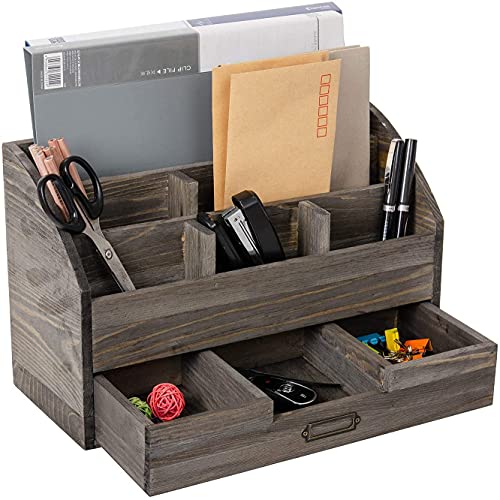 VERGOODR Rustic Wood Desk Organizer and Storage with Drawer and Pen Holder Bill Mail Organizer and Mail Holder for Countertop Kitchen Desk Decorative & Workspace Organizers(Rock Grey) - Image 1