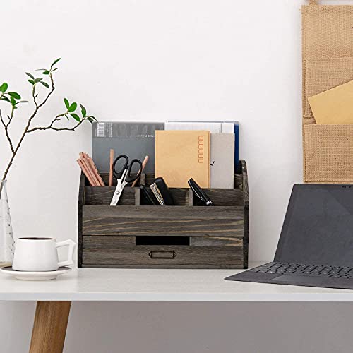 VERGOODR Rustic Wood Desk Organizer and Storage with Drawer and Pen Holder Bill Mail Organizer and Mail Holder for Countertop Kitchen Desk Decorative & Workspace Organizers(Rock Grey) - Image 5