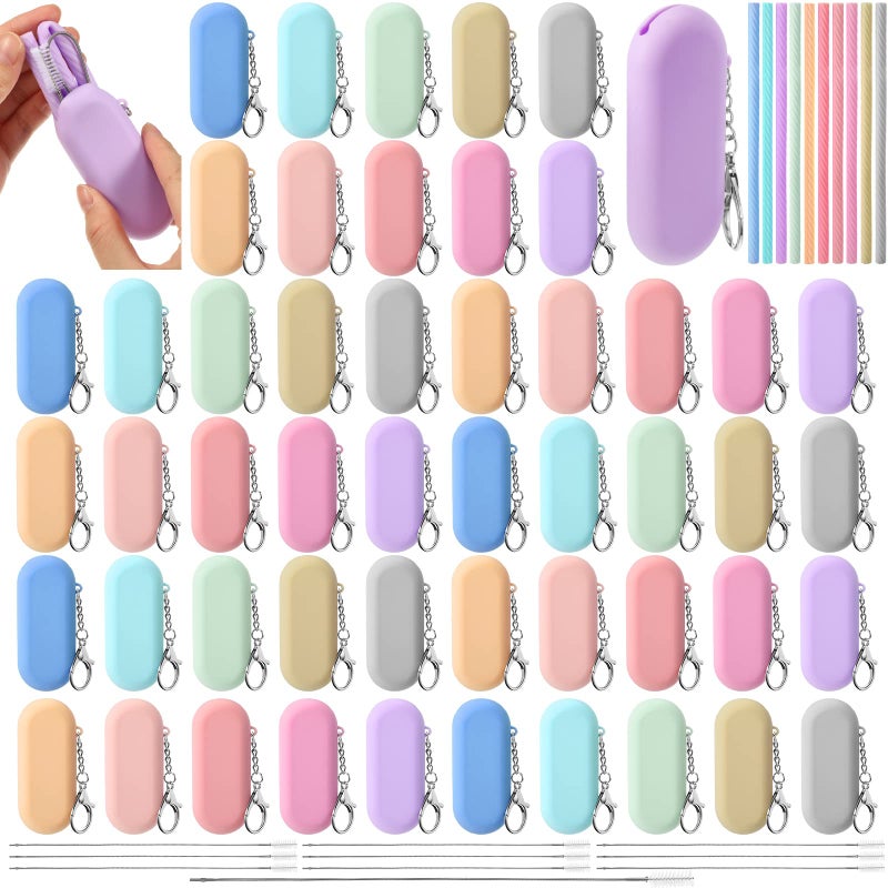 Rtteri Rtteri 50 Sets Reusable Foldable Silicone Straws Travel Collapsible Portable Straws with Case Long Cleaning Brushes and Keychain for Home Party Travel Picnic Cold Hot Drink 