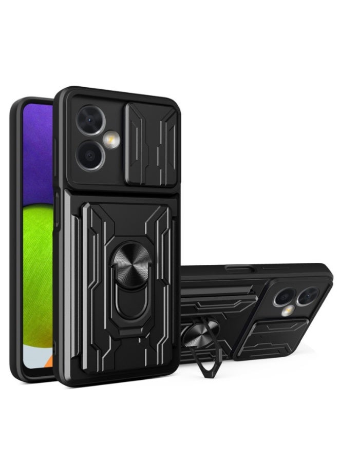 SanHu for Samsung Galaxy A07 Case, Card Holder & Slide Camera Lens Cover, Magnetic Ring Holder Kickstand Protective Phone Case for Samsung Galaxy A07, Black - Image 1