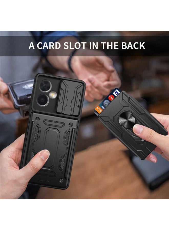 SanHu for Samsung Galaxy A07 Case, Card Holder & Slide Camera Lens Cover, Magnetic Ring Holder Kickstand Protective Phone Case for Samsung Galaxy A07, Black - Image 2