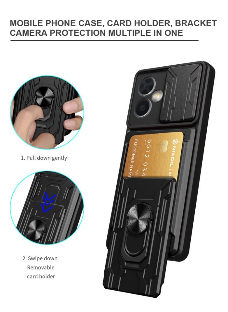 SanHu for Samsung Galaxy A07 Case, Card Holder & Slide Camera Lens Cover, Magnetic Ring Holder Kickstand Protective Phone Case for Samsung Galaxy A07, Black - Image 3