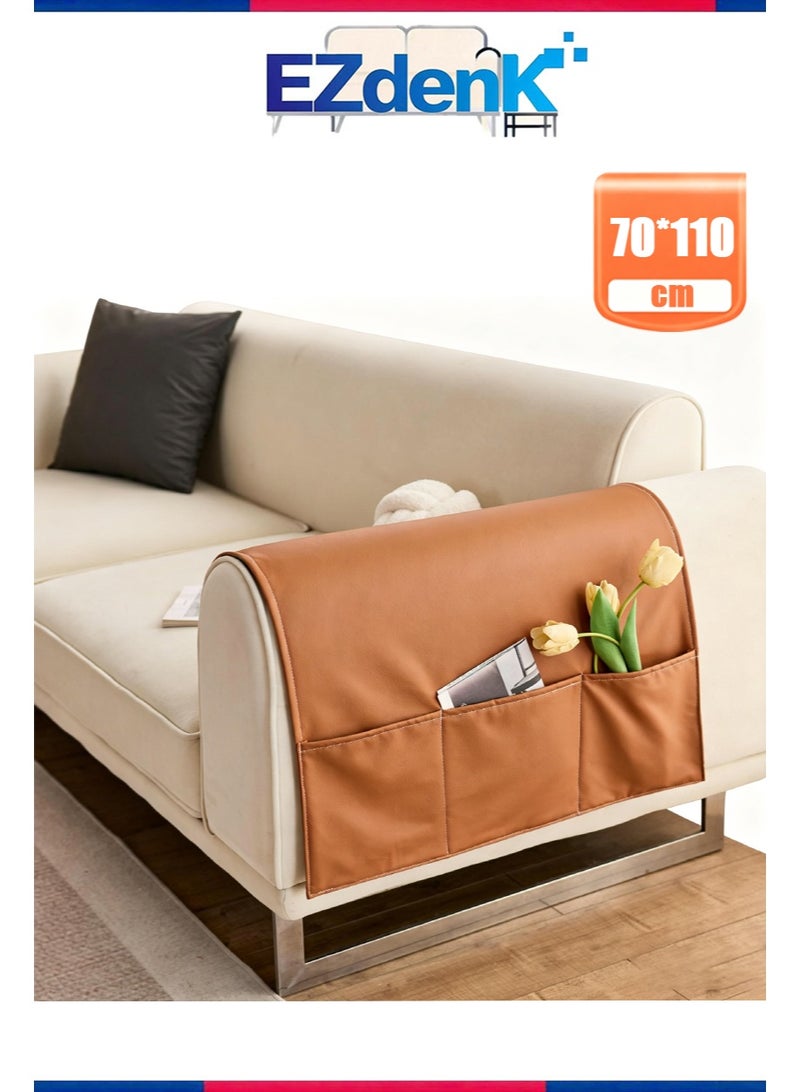 EZdenK Leather Remote Control Holder for Armchair，Couch Caddy Organizer TV Remote Holder for Bed Storage 3 Pockets， Remote Caddy Bedside Organizer Bedside Table Organizer (Orange， 70*110cm) - Image 1