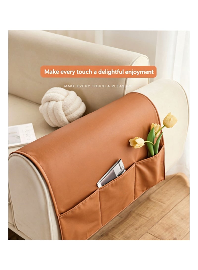 EZdenK Leather Remote Control Holder for Armchair，Couch Caddy Organizer TV Remote Holder for Bed Storage 3 Pockets， Remote Caddy Bedside Organizer Bedside Table Organizer (Orange， 70*110cm) - Image 2