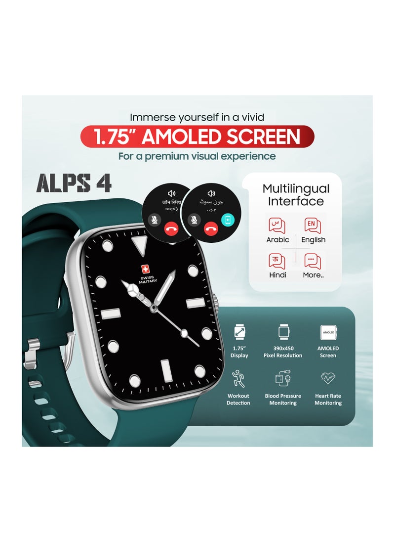 SWISS MILITARY - Swiss Military ALPS4 Smartwatch 1.75" AMOLED, Bluetooth Calling, Multi Language, Fitness Tracking, Wireless Charging, 7 Days Battery, IP67, iOS/Android Compatible, Silver Frame & Green Silicon Strap - Image 1