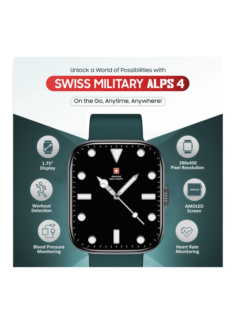 SWISS MILITARY - Swiss Military ALPS4 Smartwatch 1.75" AMOLED, Bluetooth Calling, Multi Language, Fitness Tracking, Wireless Charging, 7 Days Battery, IP67, iOS/Android Compatible, Silver Frame & Green Silicon Strap - Image 1