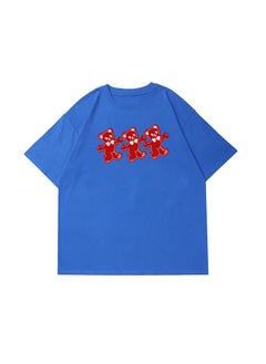Summer 2023 Womens round Neck Short Sleeve T-shirt Pure Cotton Printed Casual Base Shirt Comfortable Loose Fit Anime Cartoon Design Blue# Three Little Bears