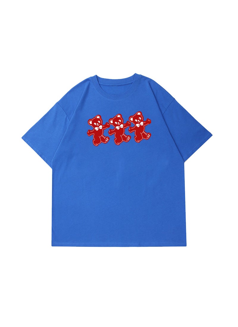 Generic - Summer 2023 Womens round Neck Short Sleeve T-shirt Pure Cotton Printed Casual Base Shirt Comfortable Loose Fit Anime Cartoon Design Blue# Three Little Bears - Image 1