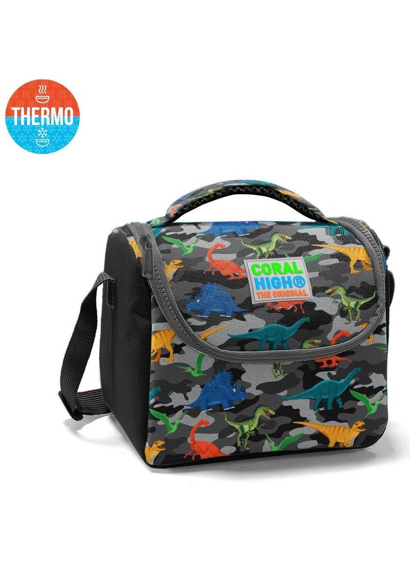 CORAL HIGH Kids Dark Gray Black Camouflage Dinosaur Patterned Thermo Lunchbox 11812  - Image 1