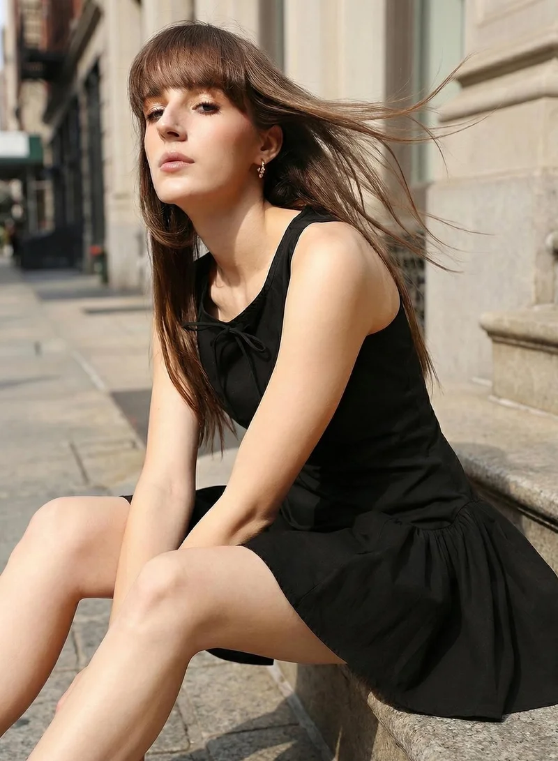 Black 100% Cotton Solid Print Mini Shift Regular Fit Dress For Women