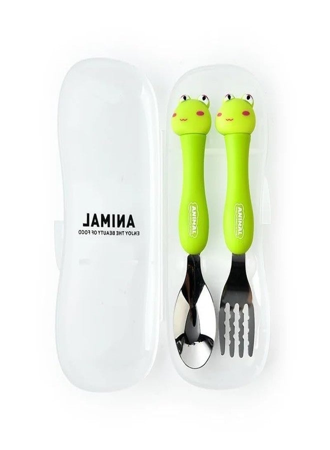 Bekner Kids Cutlery Set, Stainless Steel Spoon and Fork with Animal Design Handles, 14.7 cm, Multicolor, Pack of 2 (Green) - Image 1