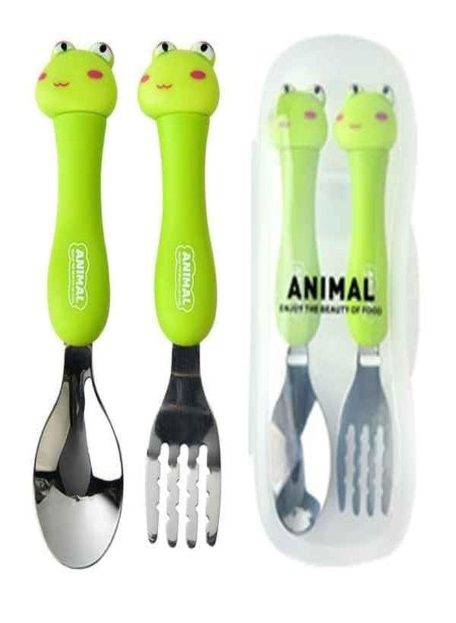 Bekner Kids Cutlery Set, Stainless Steel Spoon and Fork with Animal Design Handles, 14.7 cm, Multicolor, Pack of 2 (Green) - Image 2