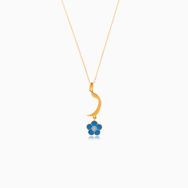 Jawhara Jewellery 18K Yellow Gold Kids Necklace with Arabic Letter 'Raa' – Turquoise Flower Pendant with Natural Diamond, Luxury Jewelry for Children By Jawhara Jewellery - Image 1
