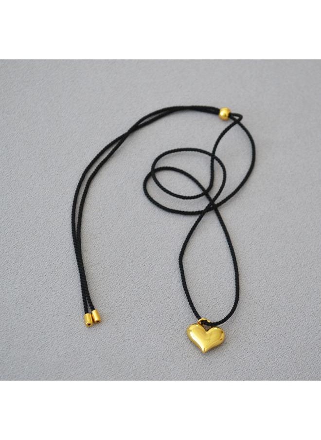 Generic - Korean Style Niche Personality Simple Black Cord Pull-out Adjustable Brass Gold Plated Love Pendant Necklace Sweater Chain For Women - Image 1
