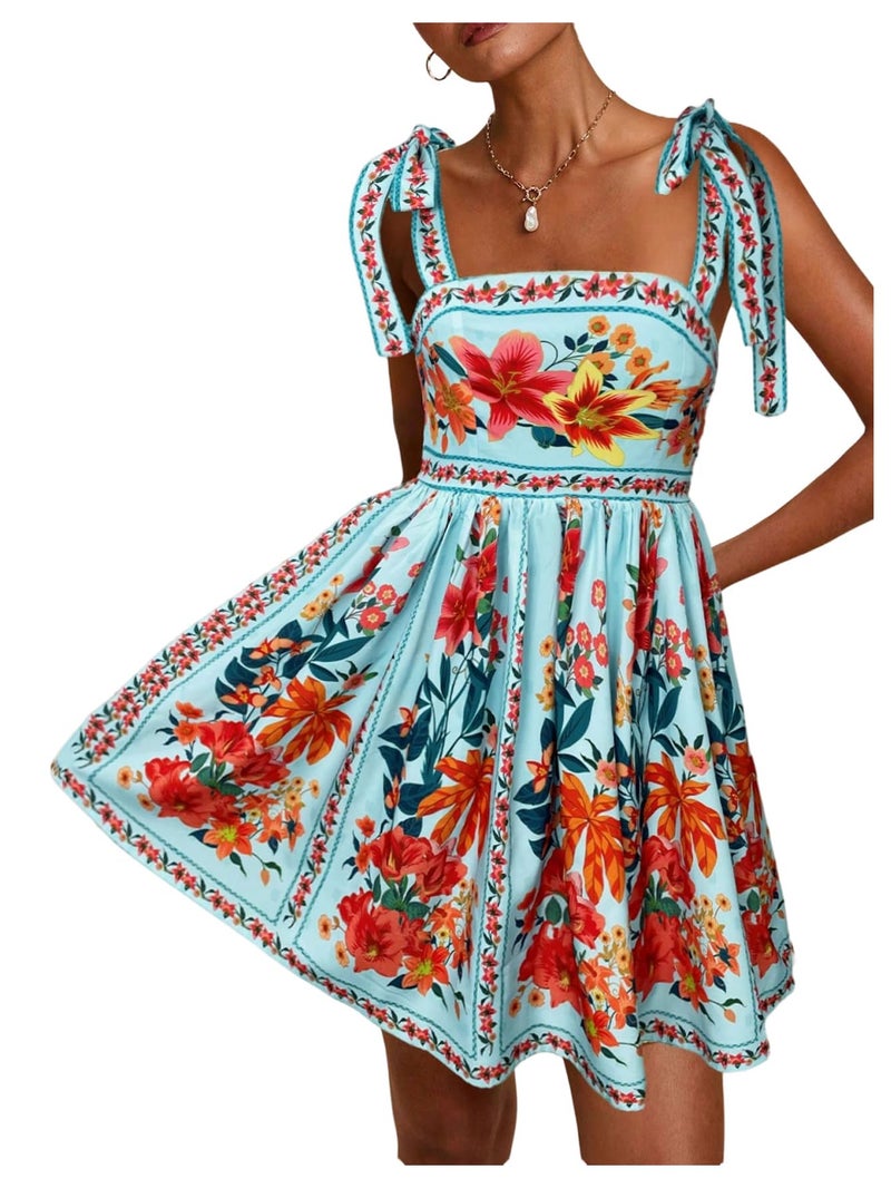 OYOANGLE Women's Floral Sleeveless Boho Beach Dress Tie Shoulder Summer Short Dress Flowy A Line Vacation Sundress Blue Large - Image 1