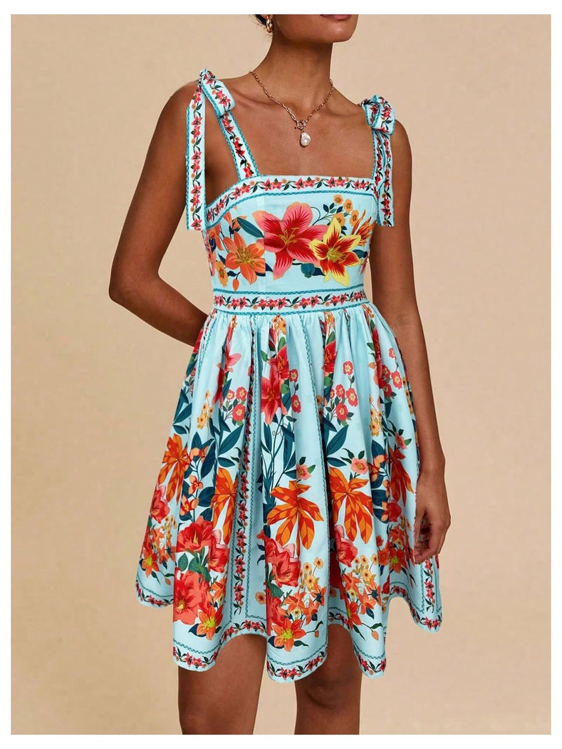 OYOANGLE Women's Floral Sleeveless Boho Beach Dress Tie Shoulder Summer Short Dress Flowy A Line Vacation Sundress Blue Large - Image 3