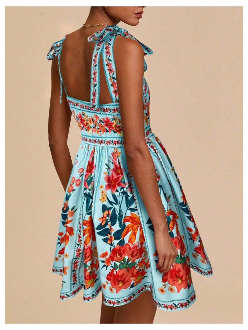 OYOANGLE Women's Floral Sleeveless Boho Beach Dress Tie Shoulder Summer Short Dress Flowy A Line Vacation Sundress Blue Large - Image 4