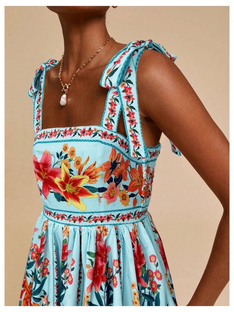 OYOANGLE Women's Floral Sleeveless Boho Beach Dress Tie Shoulder Summer Short Dress Flowy A Line Vacation Sundress Blue Large - Image 5