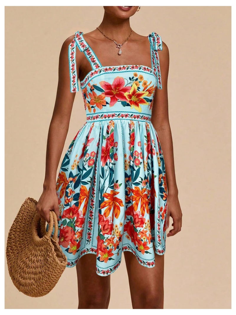 OYOANGLE Women's Floral Sleeveless Boho Beach Dress Tie Shoulder Summer Short Dress Flowy A Line Vacation Sundress Blue Large - Image 2